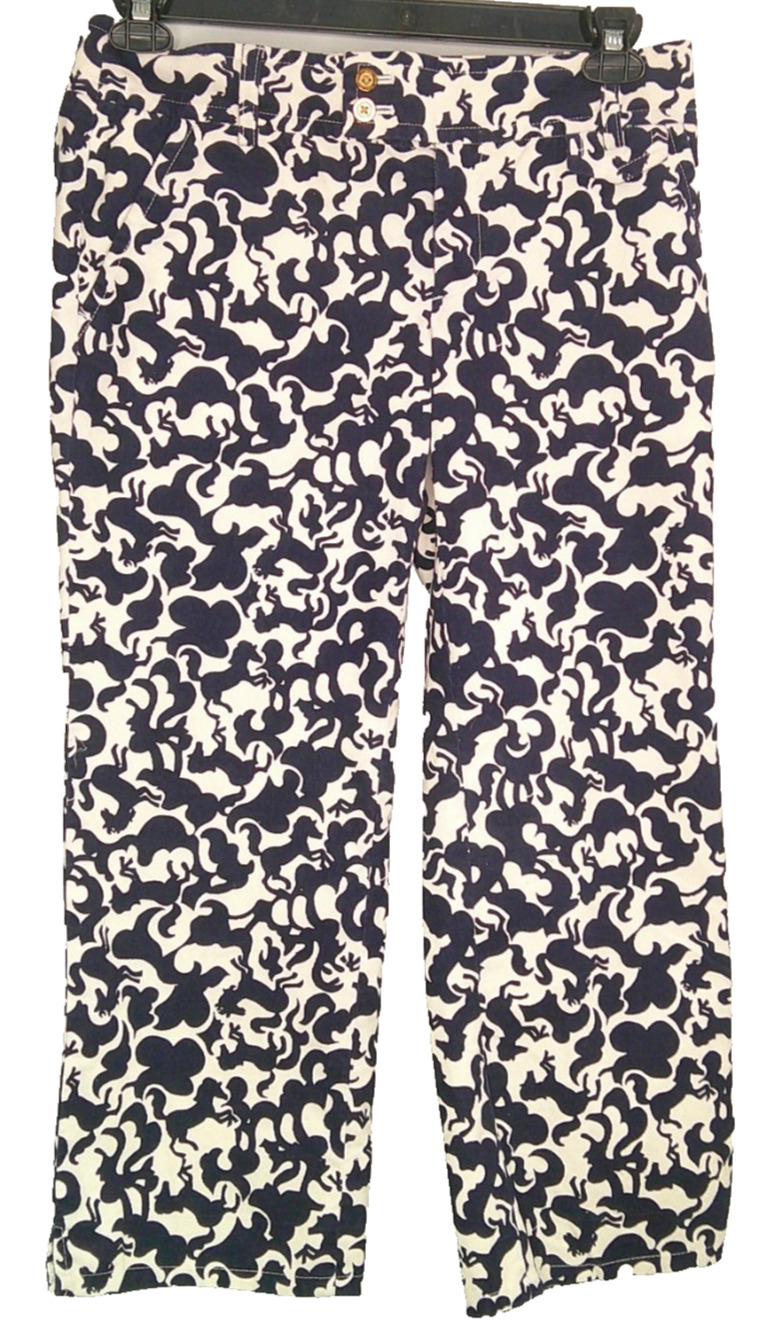Lilly Pulitzer Palm Beach Fit Women' 4 Navy White Horse of Course Corduroy Capri